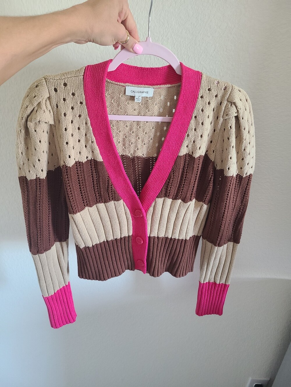 Colorblock Striped Knit Cardigan with Hot Pink Trim
